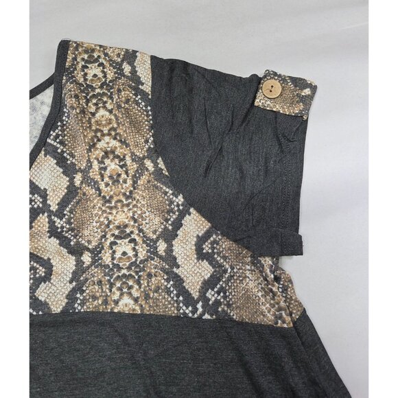 Womens Top Large Snake Skin Block Button Sleeve Detail Side Knot Hem New - Picture 3 of 9